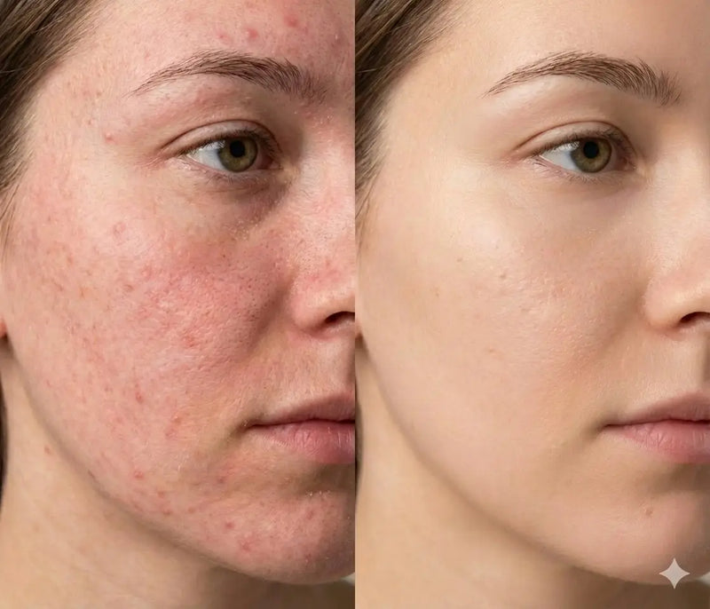 Before and after comparison of a person's face with acne on the left and clear skin on the right.